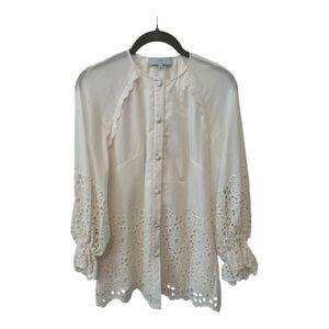 Pearl by Lela Rose Button Down Cream Eyelet  Detail Long Sleeve Blouse